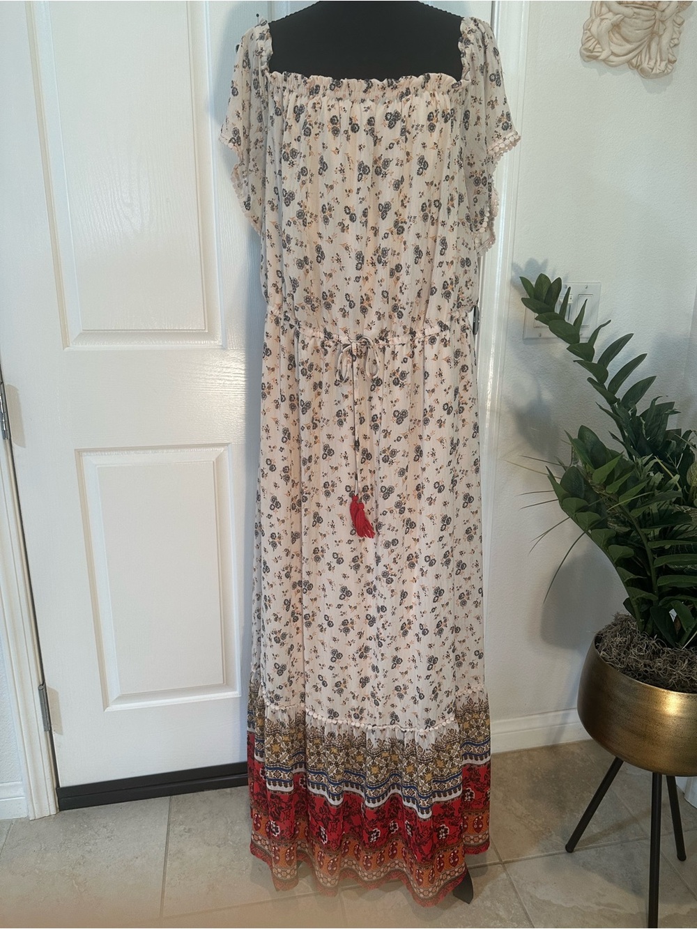 Xhilaration Cream Maxi Dress with Red Trim and Floral Print